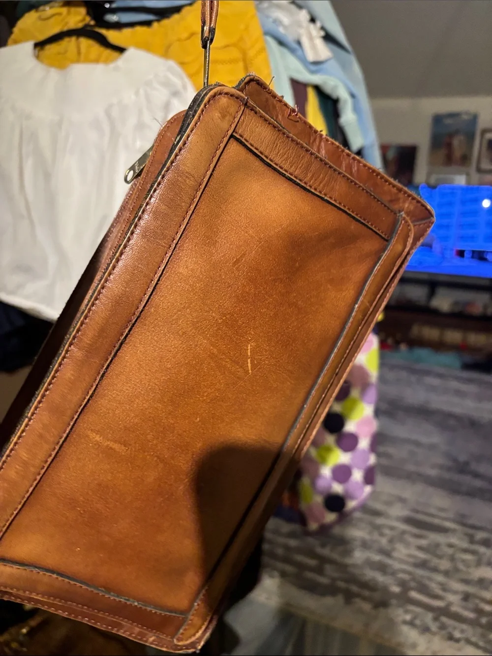 Men's Chestnut Leather Dual-Zip Briefcase Shoulder Bag